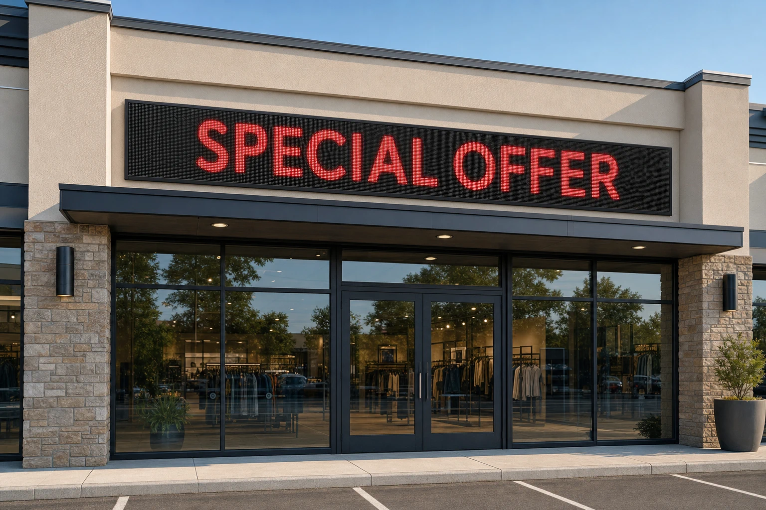 A rectangular LED display installed above a storefront entrance